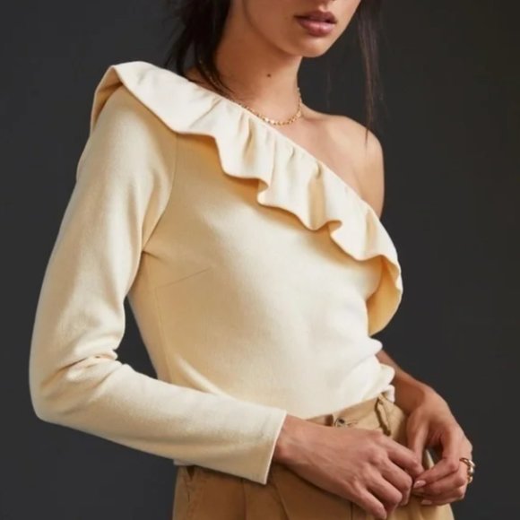 ANTHROPOLOGIE I NWT Ivory Cream One Shoulder Ruffle Long Sleeve Top Shirt, L - Picture 3 of 11